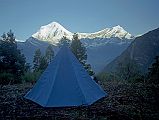 108 My Tent At Shepherds Kharka With Dhaulagiri and Tukuche Peak We arrived in stands of evergreen trees in a grassy hillock called Shephards Kharka (3760m) at 15:40 after climbing 1220m in three and a half hours, I looked across the deepest gorge in the world at Dhaulagiri and Tukuche Peak (6920m). The porters quickly set up my tent, and I crawled in to rest and read. A half hour later, they brought me milk tea and biscuits for my afternoon snack. Now, this is living! The porters had walk for half an hour each way to get water for dinner and breakfast.